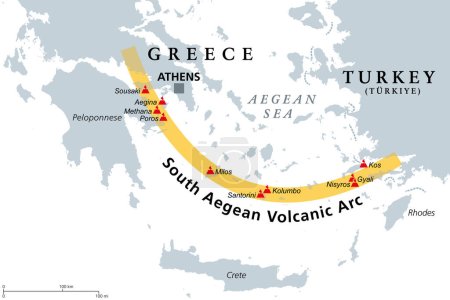 Ilustración de Mapa del Arco Volcánico del Egeo Meridional. Cadena de volcanes formada por placas tectónicas, causada por la subducción del África debajo de la placa euroasiática, elevando el arco del Egeo a través de lo que ahora es el Mar Egeo. - Imagen libre de derechos
