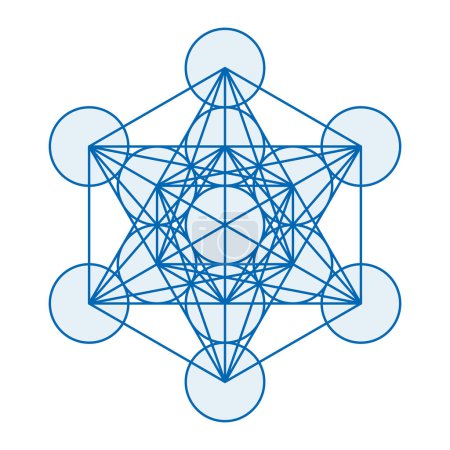 Ilustración de Blue Metatrons Cube. A mystical symbol, derived from the Flower of Life. All centers of the thirteen circles are connected through straight lines. Sacred Geometry. Illustration on white background. - Imagen libre de derechos