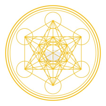 Ilustración de Golden Metatrons Cube, surrounded and framed by three circles. Mystical symbol, derived from the Flower of Life. All centers of thirteen circles are connected through straight lines. Sacred Geometry. - Imagen libre de derechos