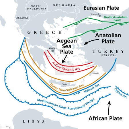 Illustration for Aegean Sea Plate and Hellenic Arc, gray tectonic map. The Aegean or also Hellenic Plate, is a small tectonic plate, located in the eastern Mediterranean Sea, under southern Greece and western Turkey. - Royalty Free Image
