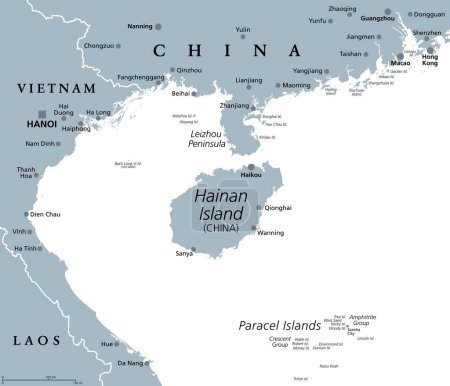 Hainan, la provincia más meridional de China, y sus alrededores, mapa político gris. Isla Hainan, y las islas Paracel en el Mar de China Meridional, al sur de la península de Leizhou, y al este del Golfo de Tonkin.