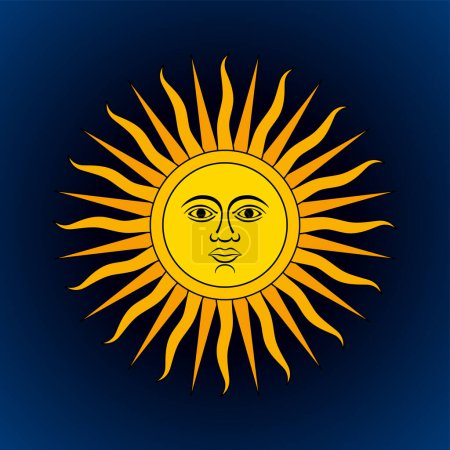 Téléchargez les illustrations : Symbole du soleil sur fond bleu foncé. Analogique du Soleil de mai, emblème national de l'Argentine et de l'Uruguay. Disque solaire jaune doré rayonnant avec 16 rayons droits et 16 rayons ondulés et un visage au centre. - en licence libre de droit