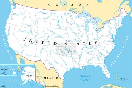 Vereinigte Staaten, Flüsse und Seen, politische Landkarte. Die Hauptstämme der längsten Flüsse und der größten Seen der Vereinigten Staaten von Amerika, mit den Großen Seen Nordamerikas. Illustration. Vektor