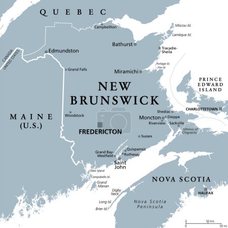 Ilustración de Nuevo Brunswick, Provincia marítima y atlántica de Canadá, mapa político gris. Limita con Quebec, Nueva Escocia, el Golfo de San Lorenzo, la Bahía de Fundy y el estado de Maine. Con capital Fredericton. - Imagen libre de derechos