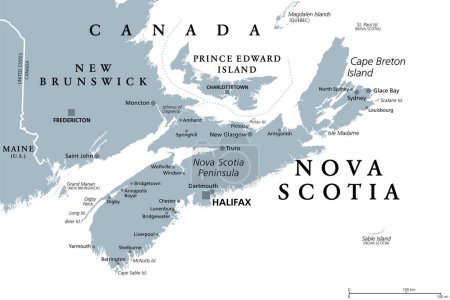 Ilustración de Nueva Escocia, Provincia Marítima y Atlántica de Canadá, mapa político gris. Isla del Cabo Bretón y Península de Nueva Escocia, con capital Halifax. Limita con el Golfo de Maine y el Océano Atlántico. - Imagen libre de derechos