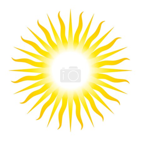 Téléchargez les illustrations : Symbole solaire avec trente-deux rayons, analogue au Soleil de mai, emblème national de l'Argentine et de l'Uruguay. Disque solaire jaune doré rayonnant avec 16 rayons droits et 16 rayons ondulés, isolé sur fond blanc. - en licence libre de droit