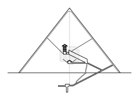 Illustration for Great Pyramid of Giza, vertical section, viewed from the East. Elevation diagram of the interior structures of the largest pyramid in Egypt, and the oldest of the Seven Wonders of the Ancient World. - Royalty Free Image