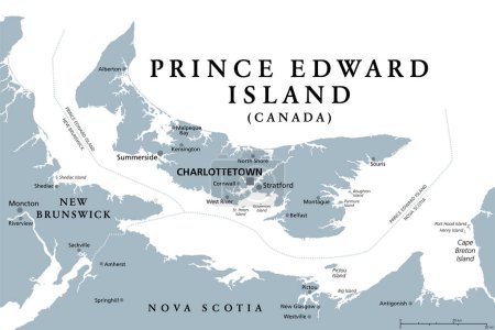 Téléchargez les illustrations : Île-du-Prince-Édouard, provinces maritimes et atlantiques du Canada, carte politique grise. Connue sous le nom de The Island, dans le golfe du Saint-Laurent, en bordure du Nouveau-Brunswick et de la Nouvelle-Écosse, capitale Charlottetown. - en licence libre de droit