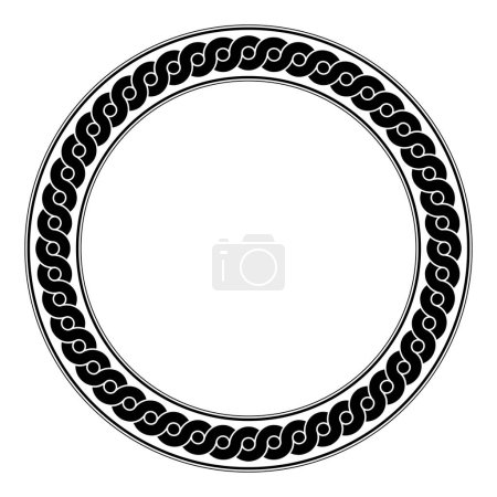 Intertwined wave pattern, circle frame. Two black serpentine lines forming a circle border, with dots between the overlapping waves. Ancient greek pottery motif. Isolated illustration, over white.