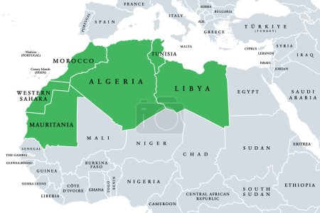 Magreb, el Magreb árabe o también el noroeste de África, mapa político. Parte del mundo árabe, que comprende Argelia, Libia, Marruecos, Mauritania, Túnez, Sahara Occidental y las ciudades españolas Ceuta y Melilla.