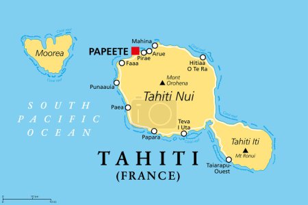 Illustration for Tahiti, French Polynesia, political map. Largest island of the Windward group of the Society Islands, with capital Papeete. Overseas collectivity of France, located in the South Pacific Ocean. Vector. - Royalty Free Image