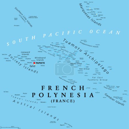 Polinesia Francesa, mapa político. Colectividad de ultramar de Francia, y su único país de ultramar, en el Océano Pacífico Sur, con 121 islas y atolones, y la capital Papeete, en la isla de Tahití.