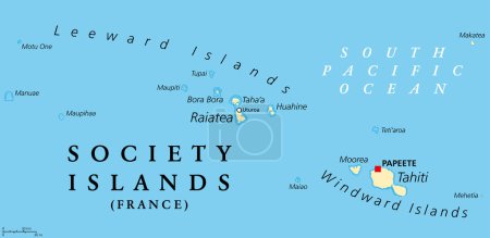 Ilustración de Society Islands, mapa político. Grupo de islas volcánicas, en la Polinesia Francesa, una colectividad de ultramar de Francia, en el Océano Pacífico Sur. Archipiélago, dividido en Islas Sotavento y Barlovento. - Imagen libre de derechos