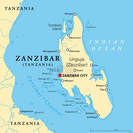 Illustration for Zanzibar Island, Unguja, Tanzania, political map. Largest, most populated island of the Zanzibar Archipelago, in the Indian Ocean, separated from the African mainland by the Zanzibar Channel. Vector. - Royalty Free Image