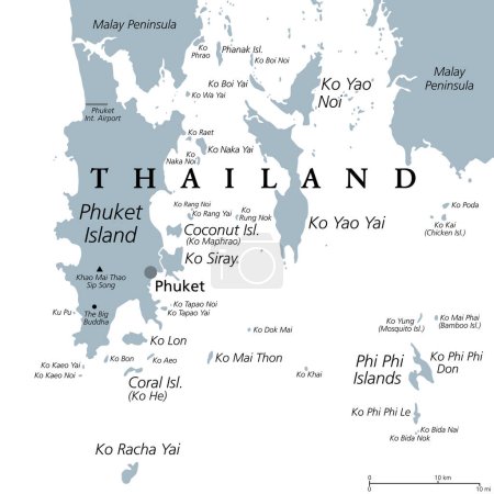 Téléchargez les illustrations : Phuket, la plus grande île de Thaïlande, carte politique grise, avec les environs. Région touristique populaire, avec de nombreuses îles, au sud de la péninsule malaise, dans la mer d'Andaman, au nord du détroit de Malacca. - en licence libre de droit