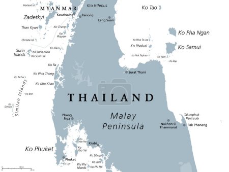 Téléchargez les illustrations : De Ko Samui à Phuket, Thaïlande, carte politique grise. Destinations de voyage à l'ouest et à l'est de la péninsule malaise, au large des côtes thaïlandaises, avec les îles et les villes les plus importantes. Illustration. Vecteur - en licence libre de droit