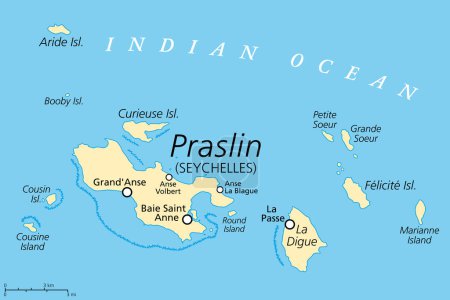 Téléchargez les illustrations : Praslin et les îles voisines, carte politique. Deuxième plus grande île des Seychelles, une République et un état archipélagique dans l'océan Indien. La Digue, Curieuse et l'île Felicite, et les îles plus petites. - en licence libre de droit