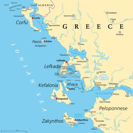 Illustration for Ionian Islands Region of Greece, political map. Greek group of islands in the Ionian Sea. Corfu (Kerkyra), Paxos and Antipaxos, Lefkada, Kefalonia (Cephalonia), Ithaca (Ithaki), and Zakynthos (Zante). - Royalty Free Image
