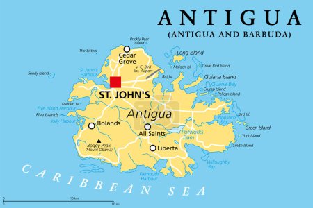 Illustrazione per Antigua, isola nelle Piccole Antille, mappa politica. Una delle isole Sottovento nella regione dei Caraibi, e l'isola più popolosa del paese di Antigua e Barbuda, con capitale St. Johns. - Immagini Royalty Free