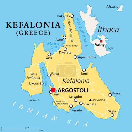 Cefalonia, isla griega, mapa político. También conocida como Cefalonia, Kefallinia o Kephallenia, la isla jónica más grande, ubicada en el oeste de Grecia y en el mar Jónico, con la capital Argostoli. Vector.