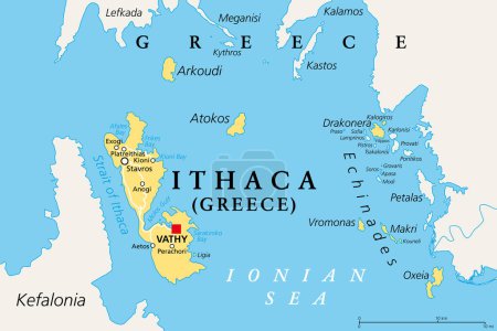 Illustration for Ithaca, regional unit, political map. Part of Ionian Islands in Greece, with capital Vathy. Ithaca, Arkoudi, Atokos, and the Echinades islands Drakonera, Vromonas, Makri, Oxeia, Kalogiros and Kouneli. - Royalty Free Image