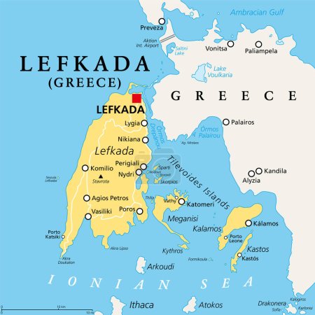 Lefkada, unidad regional, mapa político. Parte de las islas Jónicas en Grecia, también conocidas como Lefkas, Leukas o Leucadia. Con islas Tilevoides Meganisi, Kalamos, Kastos, Skorpios e islotes más pequeños.