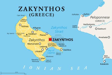 Ilustración de Zakynthos, isla griega, mapa político. También conocido como Zakinthos o Zante, parte de las islas Jónicas en Grecia, y unidad regional separada, con la misma capital llamada Zakynthos. Ilustración. Vector. - Imagen libre de derechos