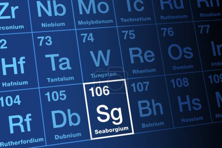 Illustration for Seaborgium, on the periodic table. Radioactive, synthetic transactinide element with element symbol Sg and atomic number 106, without commercial use. Named after the American chemist Glenn T. Seaborg. - Royalty Free Image