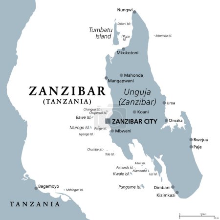Téléchargez les illustrations : Île de Zanzibar, Unguja, Tanzanie, carte politique grise. L'île la plus grande et la plus peuplée de l'archipel de Zanzibar, dans l'océan Indien, est séparée du continent africain. Illustration isolée. Vecteur - en licence libre de droit