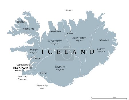 Regiones de Islandia, mapa político gris, con capital Reikiavik. Ocho regiones y sus sedes, utilizadas con fines estadísticos. País insular nórdico en el océano Atlántico. Ilustración aislada. Vector.