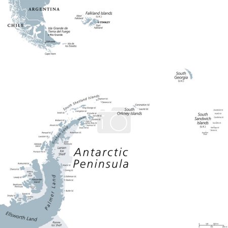 Ilustración de Área de la Península Antártica, mapa político gris. Desde la Patagonia austral y las Islas Malvinas, hasta Georgia del Sur, las Islas Sandwich del Sur, las Islas Orcadas del Sur y la Península Antártica. - Imagen libre de derechos