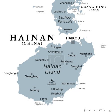 Hainan, die kleinste und südlichste Provinz Chinas, PRC, graue politische Landkarte. Insel Hainan mit der Hauptstadt Haikou und verschiedenen kleineren Inseln im Südchinesischen Meer, südlich der Halbinsel Leizhou.