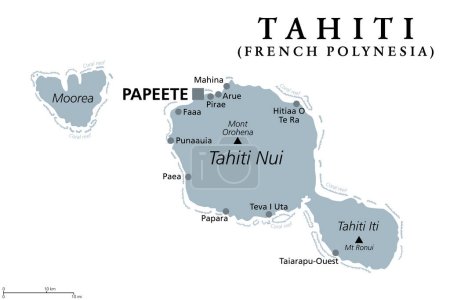 Tahití, Polinesia Francesa, mapa político gris. La isla más grande del grupo Barlovento de las Islas de la Sociedad, con la capital Papeete. Colectividad de ultramar de Francia, situada en el Océano Pacífico Sur.