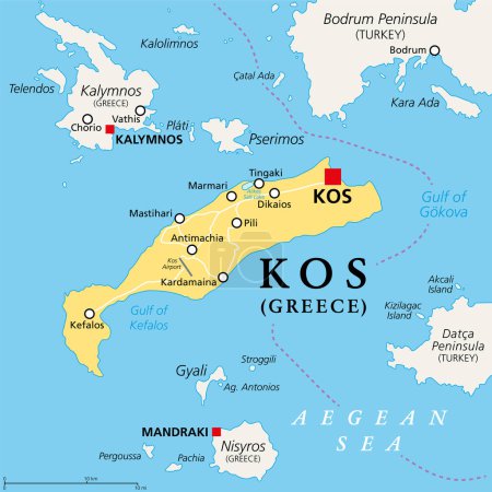 Ilustración de Kos, isla griega, mapa político. También Cos, parte de las islas del Dodecaneso en el mar Egeo, junto a la península turca de Bodrum. Con Kalymnos, Nisyros, Pserimos, y pequeñas islas vecinas. - Imagen libre de derechos