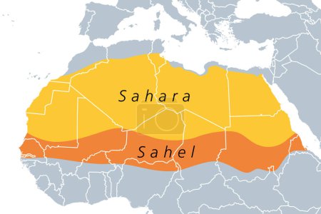Ilustración de El Sahara y el Sahel, mapa político. El desierto caliente más grande del mundo que compone la mayor parte del norte de África, y un reino ecoclimático y biogeográfico con un clima semiárido caliente en el continente africano. - Imagen libre de derechos