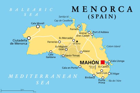 Ilustración de Menorca, o Menorca, mapa político, con capital Mahón o Port Mahón, Mao oficial. Isla de la Comunidad Autónoma de las Islas Baleares, situada en el Mar Mediterráneo, y parte de España. - Imagen libre de derechos