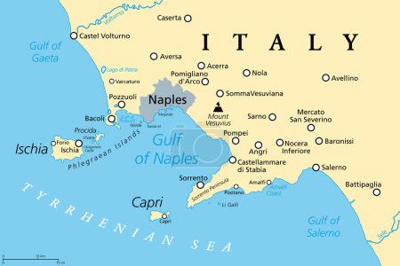 Illustration for Gulf of Naples, political map. Also Bay of Naples, located along south-western coast of Italy, opening to the Tyrrhenian Sea. Campanian volcanic arc with islands Ischia and Capri and Mount Vesuvius. - Royalty Free Image
