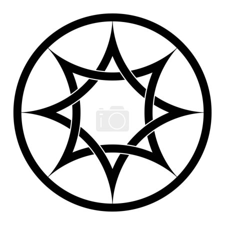 Octagramme avec des arcs incurvés entrelacés, une étoile à huit branches dans un cadre circulaire. Deux carrés cintrés entrelacés, basés sur l'étoile de Vénus, symbole de la déesse sumérienne Inanna et de l'Ishtar sémitique oriental.