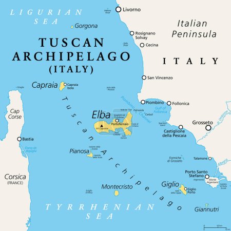 Toskanischer Archipel, Italien, politische Landkarte. Inselkette zwischen Ligurischem Meer und Tyrrhenischem Meer, westlich der Toskana, zwischen Korsika und der italienischen Halbinsel. Die bekanntesten Inseln sind Elba und Montecristo.