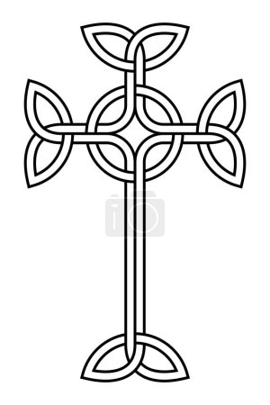 Illustration for Interlaced Celtic cross. A Celtic form of the Latin cross, with triangular knots at its four ends, intertwined with a circle in the middle. A symbol and sign, used in medieval Christian ornamentation. - Royalty Free Image