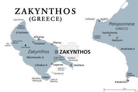 Ilustración de Zakynthos, isla griega, mapa político gris. También Zakinthos o Zante, una parte de las islas Jónicas de Grecia, y una unidad regional separada, con la misma capital llamada Zakynthos. Ilustración. Vector. - Imagen libre de derechos