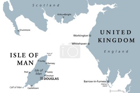 Téléchargez les illustrations : Île de Man, également connue sous le nom de Mann, carte politique grise. Une nation insulaire et la dépendance de la Couronne britannique en mer d'Irlande, entre la Grande-Bretagne et l'Irlande. Un paradis fiscal et une destination bancaire offshore. - en licence libre de droit