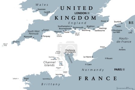 Manche, carte politique grise. La Manche, bras de l'océan Atlantique, sépare le sud de l'Angleterre du nord de la France, relie la mer du Nord par le détroit de Douvres. Zone de navigation la plus achalandée au monde.
