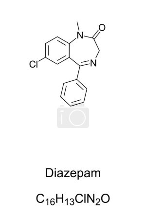 Illustration for Diazepam, chemical formula and structure. Known as Valium, a medicine of the benzodiazepine family, an anxiolytic, to treat anxiety, insomnia, panic attacks and symptoms of acute alcohol withdrawal. - Royalty Free Image
