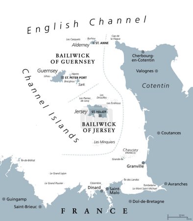 Illustration for Channel Islands, gray political map. Crown Dependencies Bailiwick of Guernsey and Bailiwick of Jersey. Archipelago in the English Channel, off the coast of France. Remnants of the Duchy of Normandy. - Royalty Free Image