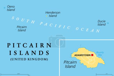 Ilustración de Islas Pitcairn, Territorio Británico de Ultramar, mapa político. Islas Pitcairn, Henderson, Ducie y Oeno. Grupo de islas volcánicas del Pacífico Sur. El motín de la recompensa tuvo lugar en la isla Pitcairn. - Imagen libre de derechos