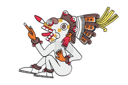 Mictlantecuhtli, aztekischer Totengott und König von Mictlan, dem untersten Teil der Unterwelt. Im Codex Borgia wird er als zahnloser Totenkopf dargestellt. Das Anbetungsritual beinhaltete manchmal Kannibalismus.