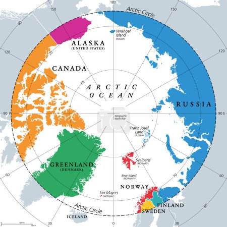 Países dentro del Círculo Ártico, mapa político. Países a unos 66 grados al norte del Ecuador y el Polo Norte. Alaska (EE.UU.), Canadá, Finlandia, Groenlandia (Dinamarca), Noruega, Suecia y Rusia.