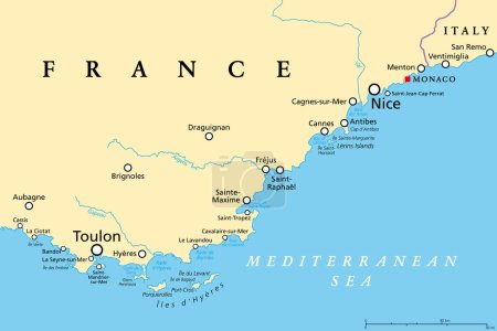 Téléchargez les illustrations : Côte d'Azur, carte politique. Côte méditerranéenne du sud-est de la France, connue sous le nom de Côte d'Azur (Côte d'Azur). Généralement considéré comme s'étendant de Toulon à l'ouest à Menton à l'est. - en licence libre de droit