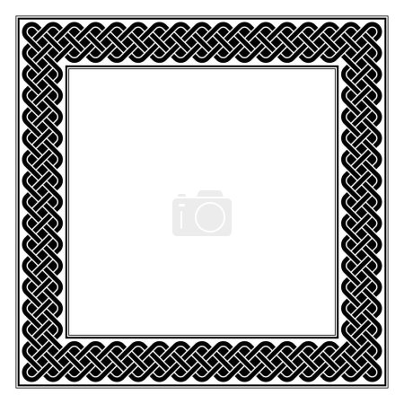 Illustration for Square frame with guilloche knot pattern. Border made of endless repeated motifs of the Solomons knot, consisting of three interlaced and interwoven lines, framed by black lines. Isolated. Vector. - Royalty Free Image